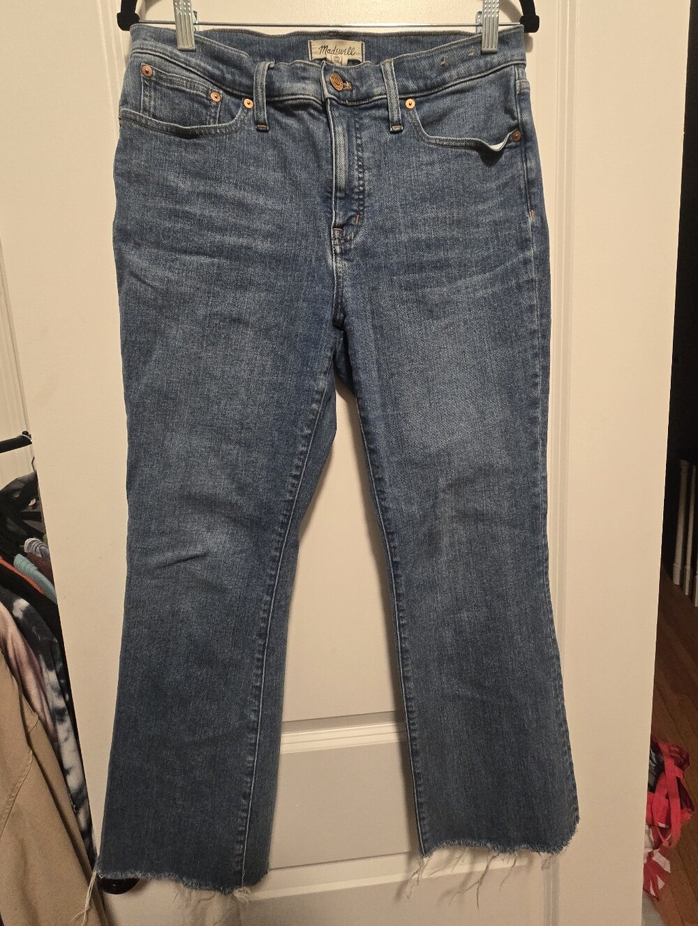 Madewell Womens Mid Rise Kick Out Crop Flare Raw Hem Jeans Size 29